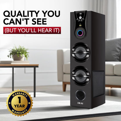 AKAI Tower Bluetooth Wireless Speaker 50W with Remote - 1 Year Warranty | Home Theater System 5.25" Woofer | Wired Mic, LED Display, Deep Bass, FM, AUX, USB | Supports TV, PC & Smartphone (HA-TS50)