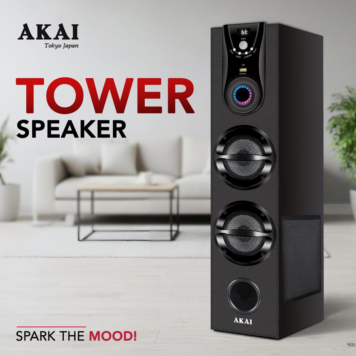 AKAI Tower Bluetooth Wireless Speaker 50W with Remote - 1 Year Warranty | Home Theater System 5.25" Woofer | Wired Mic, LED Display, Deep Bass, FM, AUX, USB | Supports TV, PC & Smartphone (HA-TS50)