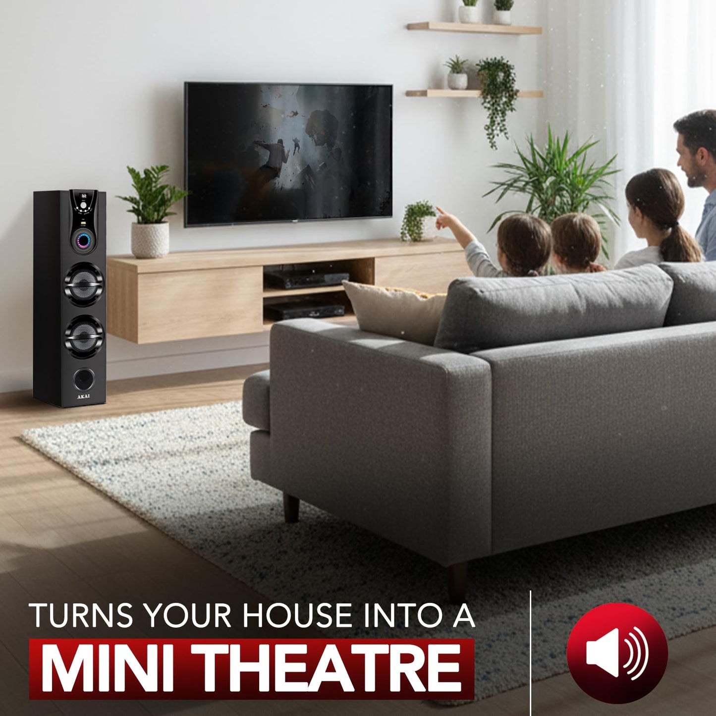 AKAI Tower Bluetooth Wireless Speaker 50W with Remote - 1 Year Warranty | Home Theater System 5.25" Woofer | Wired Mic, LED Display, Deep Bass, FM, AUX, USB | Supports TV, PC & Smartphone (HA-TS50)