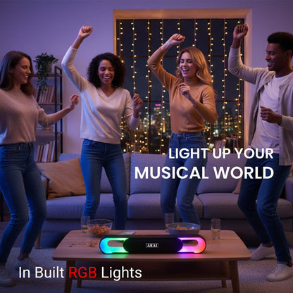 AKAI SB-24 Bluetooth Soundbar 24W RMS | Dual 2.25 Inch Drivers | RGB LED Lights | Bluetooth V5.3 | TWS, USB, Aux, TF Card Support | 2400 mAh Battery | Type-C Charging | Up to 5 Hours Playtime