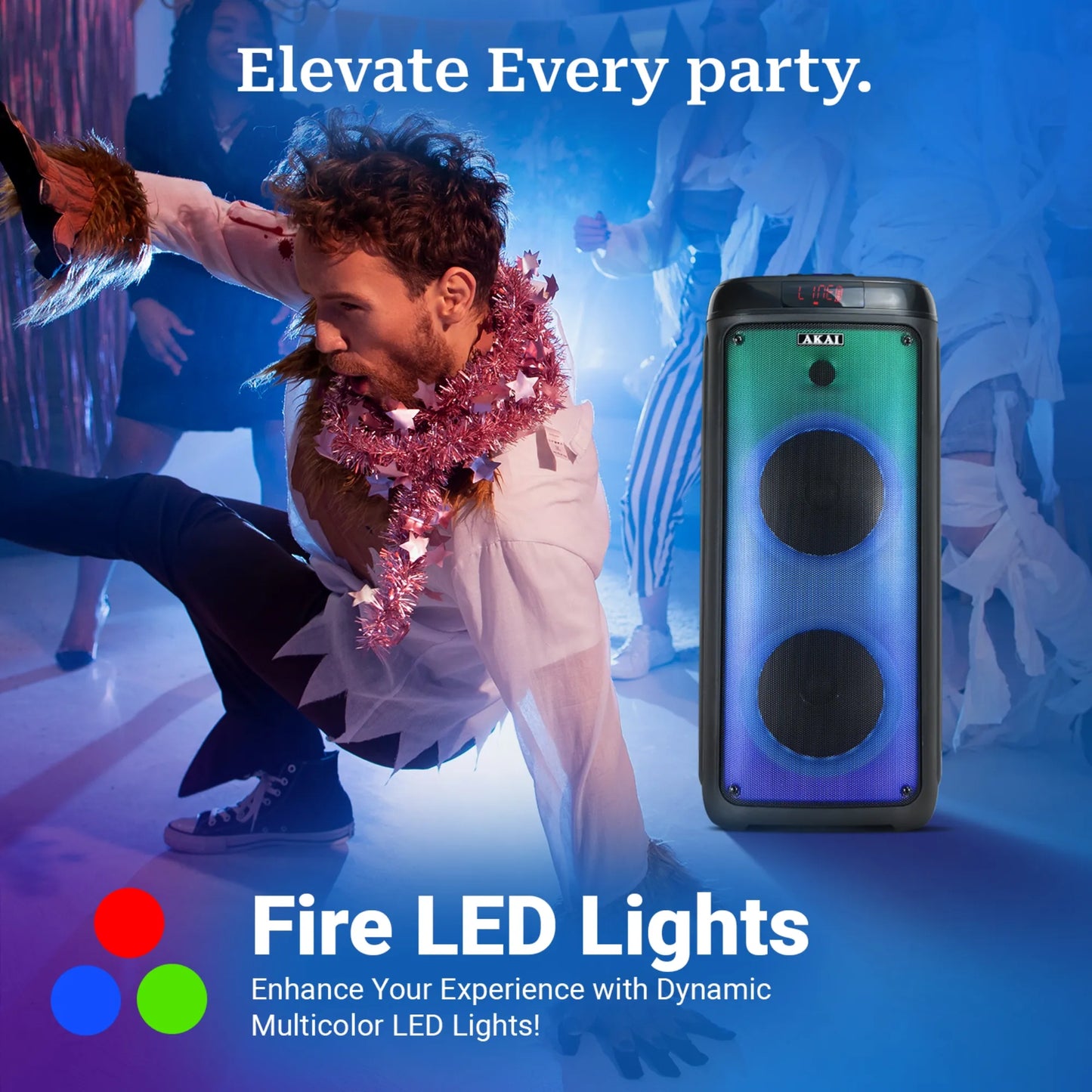 AKAI PM-100P Bluetooth Party Speaker with Dual Wireless Mic |100W RMS | Dual 8'' Woofer | Karaoke | Fire LED Lights | Digital Display
