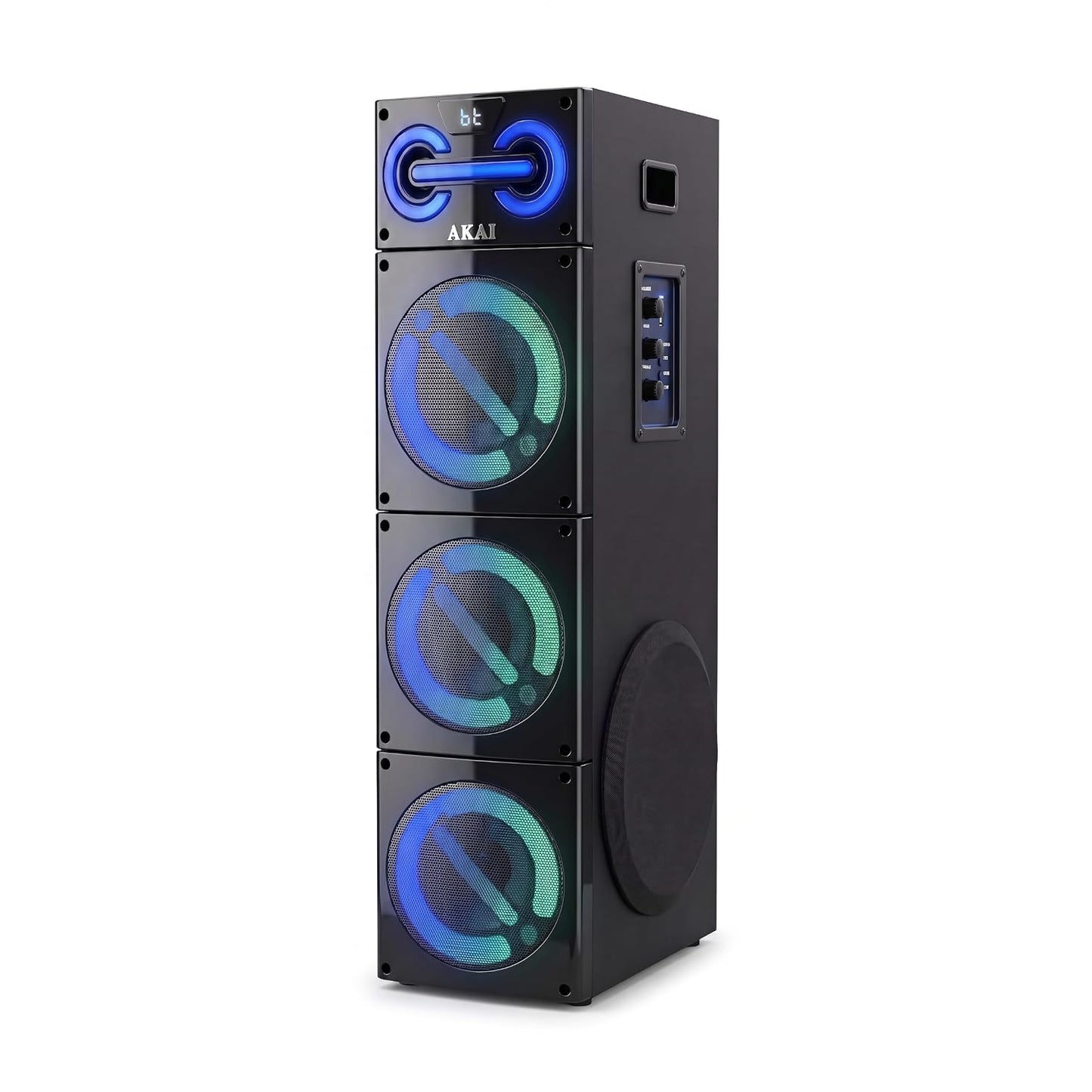 AKAI TWS-800 Max Tower Speaker with Wired Mic | 80W RMS Powerful Sound | Dual 4 Inch Speakers + 8 Inch Woofer | Bluetooth, USB, AUX, FM | Multicolor LED Lights | Karaoke & Bass Control Digital Display
