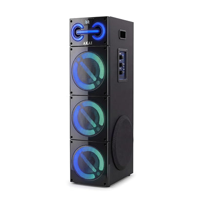AKAI TWS-800 Max Tower Speaker with Wired Mic | 80W RMS Powerful Sound | Dual 4 Inch Speakers + 8 Inch Woofer | Bluetooth, USB, AUX, FM | Multicolor LED Lights | Karaoke & Bass Control Digital Display