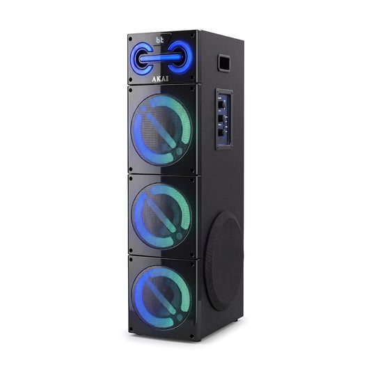 AKAI TWS-800 Max Tower Speaker with Wired Mic | 80W RMS Powerful Sound | Dual 4 Inch Speakers + 8 Inch Woofer | Bluetooth, USB, AUX, FM | Multicolor LED Lights | Karaoke & Bass Control & Digital Display