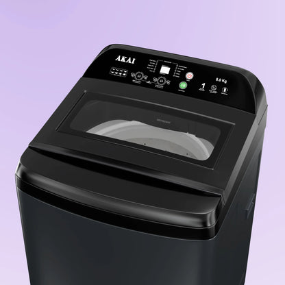 Akai 8Kg, 5 Star, Fully Automatic Top Load Washing Machine, Glass Lid, Mid Black, AFT-80DBHG
