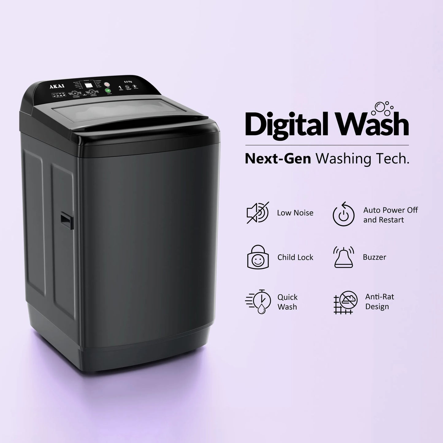 Akai 8Kg, 5 Star, Fully Automatic Top Load Washing Machine, Glass Lid, Mid Black, AFT-80DBHG