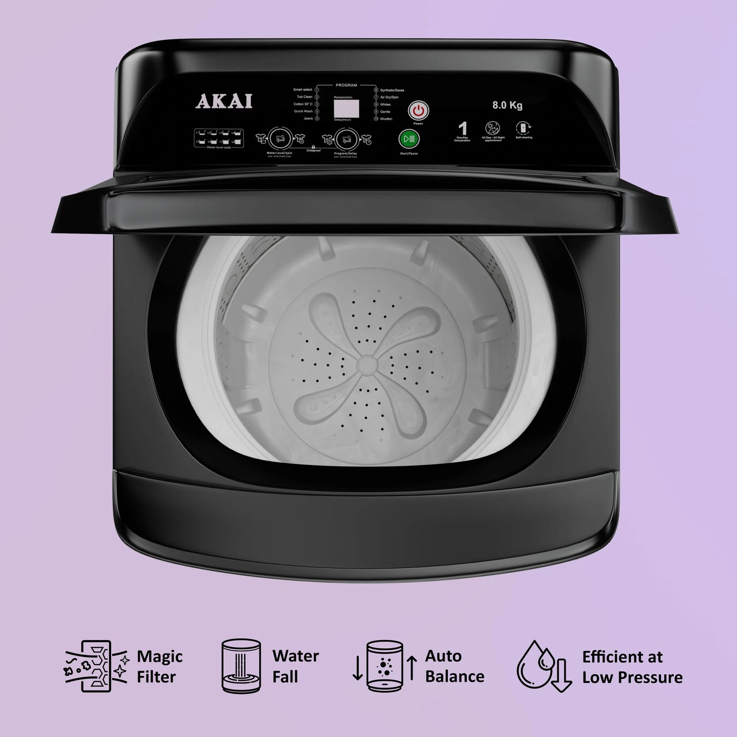 Akai 8Kg, 5 Star, Fully Automatic Top Load Washing Machine, Glass Lid, Mid Black, AFT-80DBHG