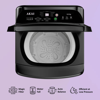Akai 8Kg, 5 Star, Fully Automatic Top Load Washing Machine, Glass Lid, Mid Black, AFT-80DBHG