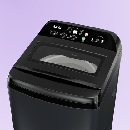 Akai 9Kg, 5 Star, Fully Automatic Top Load Washing Machine, Glass Lid, Mid Black, AFT-80DBHG