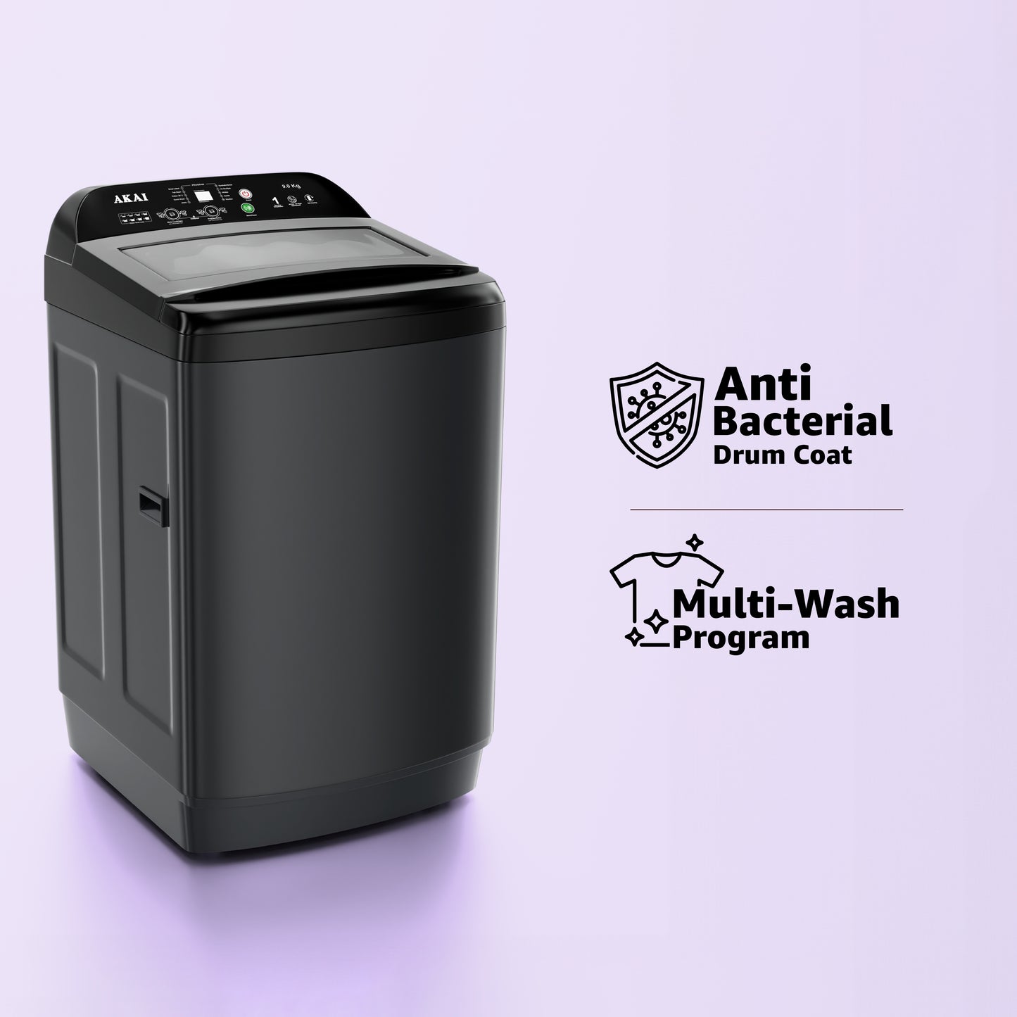 Akai 9Kg, 5 Star, Fully Automatic Top Load Washing Machine, Glass Lid, Mid Black, AFT-80DBHG