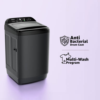 Akai 9Kg, 5 Star, Fully Automatic Top Load Washing Machine, Glass Lid, Mid Black, AFT-80DBHG