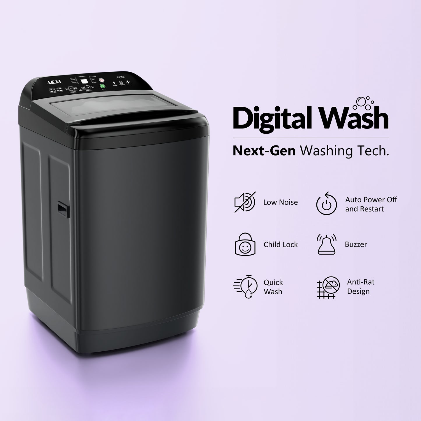 Akai 9Kg, 5 Star, Fully Automatic Top Load Washing Machine, Glass Lid, Mid Black, AFT-80DBHG