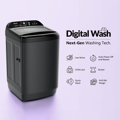 Akai 9Kg, 5 Star, Fully Automatic Top Load Washing Machine, Glass Lid, Mid Black, AFT-80DBHG