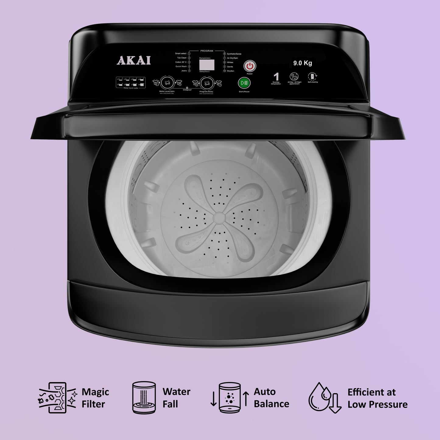 Akai 9Kg, 5 Star, Fully Automatic Top Load Washing Machine, Glass Lid, Mid Black, AFT-80DBHG