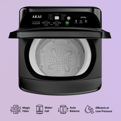 Akai 9Kg, 5 Star, Fully Automatic Top Load Washing Machine, Glass Lid, Mid Black, AFT-80DBHG