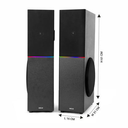 AKAI TS-120 Bluetooth Twin Tower Speaker with Wireless Mic |120W RMS | 8'' x 2 Woofer | Karaoke |RGB LED Lights | FM