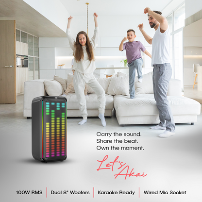 AKAI PM-1000 Ultra Party Speaker |100W RMS | 8'' x 2  Woofer | Karaoke |Wired Mic Socket | RGB LED Lights | Digital Display | TWS Function (AKPMPVI100U)