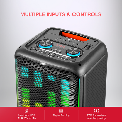 AKAI PM-1000 Ultra Party Speaker |100W RMS | 8'' x 2  Woofer | Karaoke |Wired Mic Socket | RGB LED Lights | Digital Display | TWS Function (AKPMPVI100U)