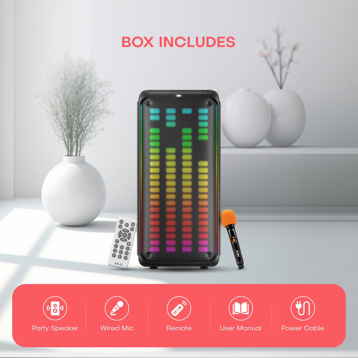 AKAI PM-1000 Ultra Party Speaker |100W RMS | 8'' x 2  Woofer | Karaoke |Wired Mic Socket | RGB LED Lights | Digital Display | TWS Function (AKPMPVI100U)