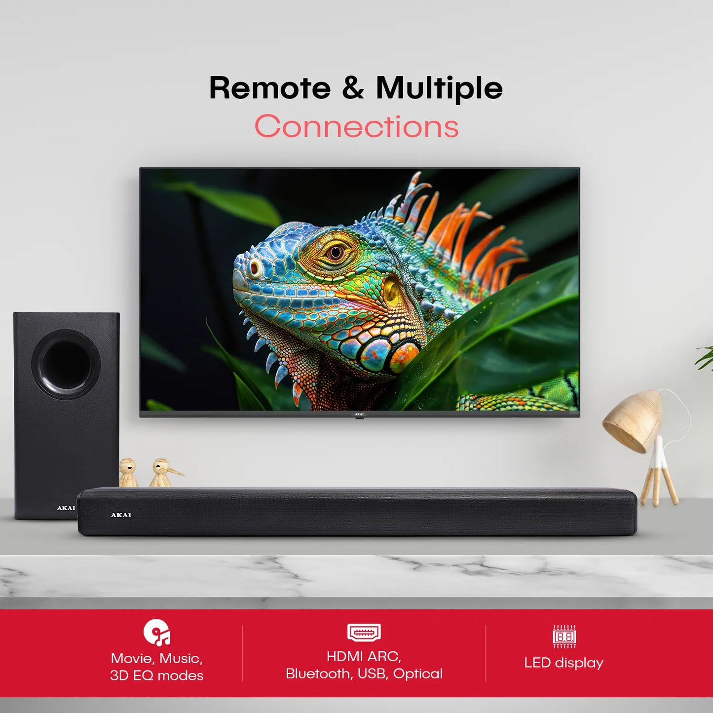 AKAI SB-140 2.1 Channel Soundbar Speaker with Wired Subwoofer |140W RMS |6.5'' Subwoofer | High Bass Performance |LED Display | Class D Amplifier