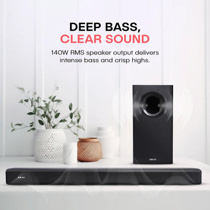 AKAI SB-140 2.1 Channel Soundbar Speaker with Wired Subwoofer |140W RMS |6.5'' Subwoofer | High Bass Performance |LED Display | Class D Amplifier