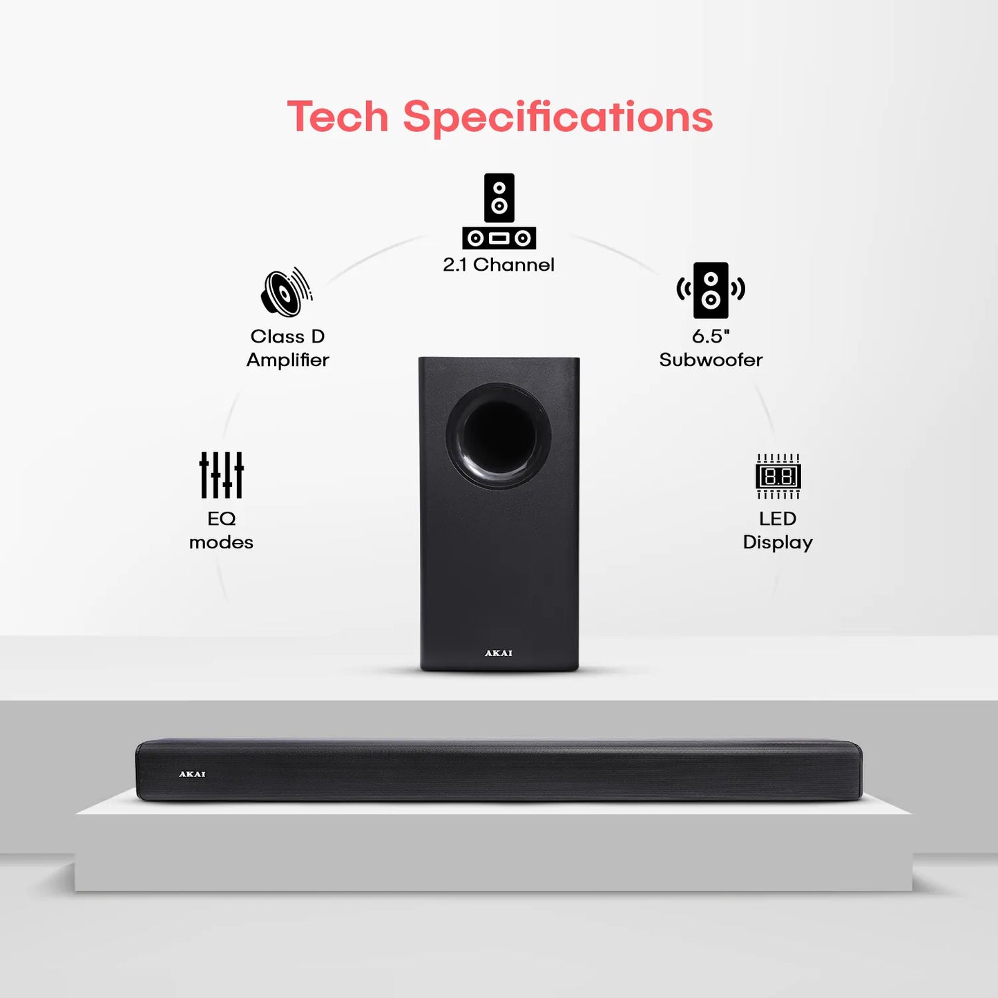 AKAI SB-140 2.1 Channel Soundbar Speaker with Wired Subwoofer |140W RMS |6.5'' Subwoofer | High Bass Performance |LED Display | Class D Amplifier