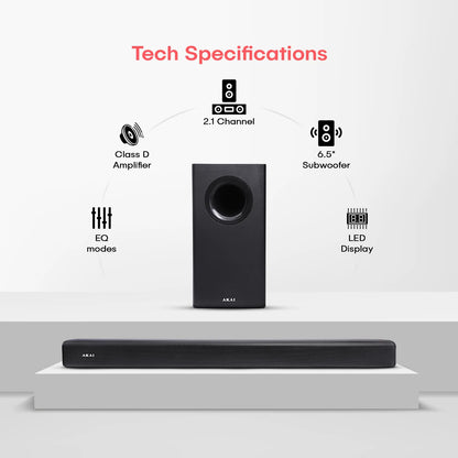AKAI SB-140 2.1 Channel Soundbar Speaker with Wired Subwoofer |140W RMS |6.5'' Subwoofer | High Bass Performance |LED Display | Class D Amplifier