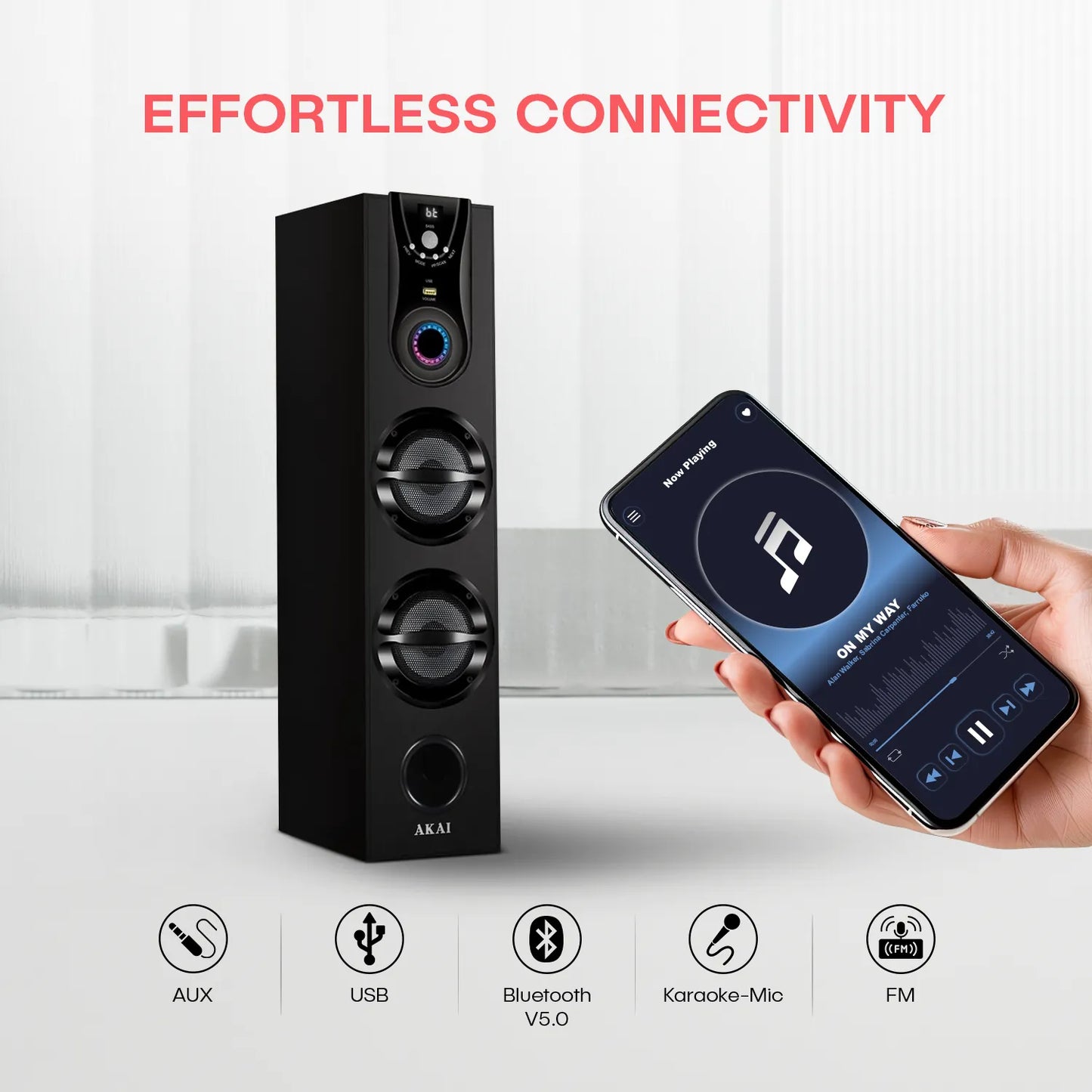 AKAI TWS-600Max Bluetooth Tower Speaker with Wired Mic |60W RMS | 5.25'' Woofer | Karaoke | FM |AKAI India