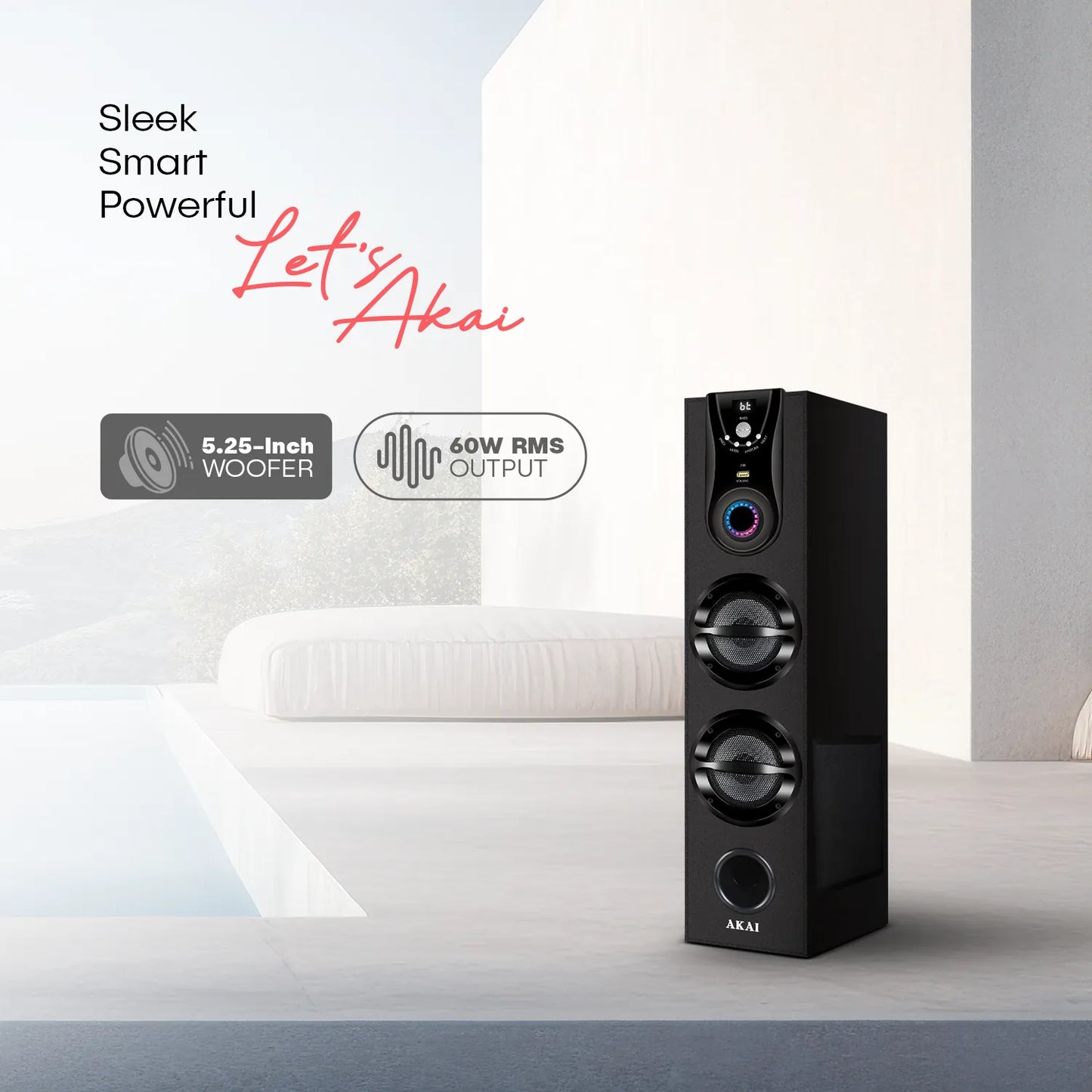 AKAI TWS-600Max Bluetooth Tower Speaker with Wired Mic |60W RMS | 5.25'' Woofer | Karaoke | FM |AKAI India
