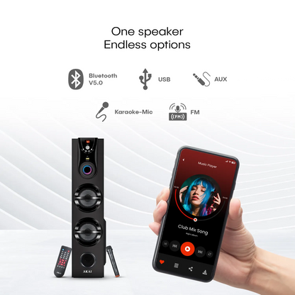 AKAI Tower Bluetooth Wireless Speaker 50W with Remote - 1 Year Warranty | Home Theater System 5.25" Woofer | Wired Mic, LED Display, Deep Bass, FM, AUX, USB | Supports TV, PC & Smartphone (HA-TS50)
