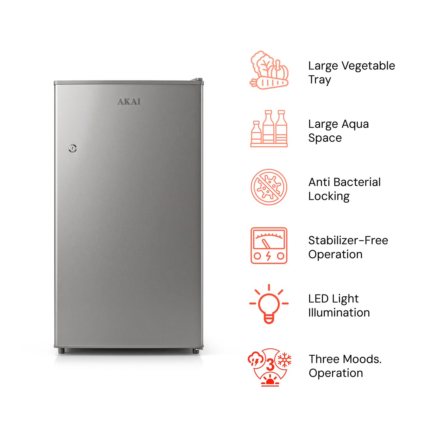 Akai 100L, 1 Star, Single Door Direct Cool Refrigerator (Hairline Grey Sliver) (AKDD1002-PHLG)