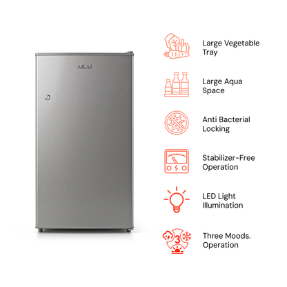 Akai 100L, 1 Star, Single Door Direct Cool Refrigerator (Hairline Grey Sliver) (AKDD1002-PHLG)