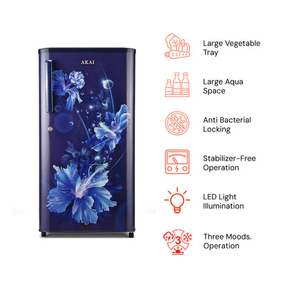 Akai 170L, 1 Star, Single Door Direct Cool Refrigerator (One Point Flower Blue) (AKDD1701-PPFB)