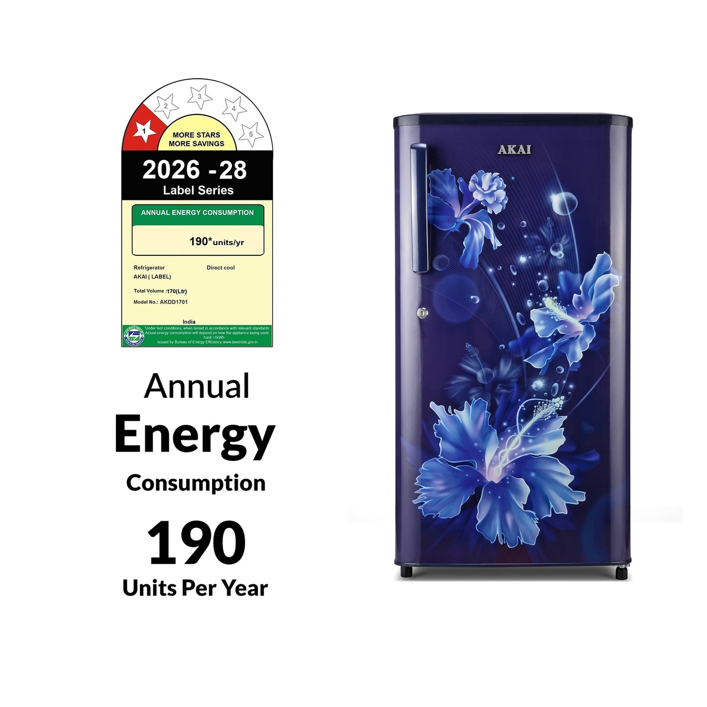 Akai 170L, 1 Star, Single Door Direct Cool Refrigerator (One Point Flower Blue) (AKDD1701-PPFB)