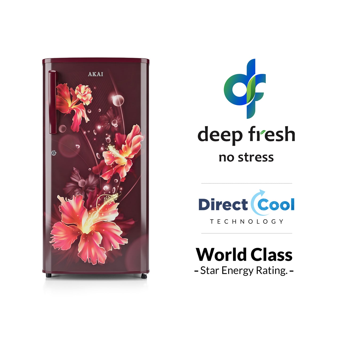 Akai 170L, 1 Star, Single Door Direct Cool Refrigerator (One Point Flower Wine) (AKDD1701-PPFW)