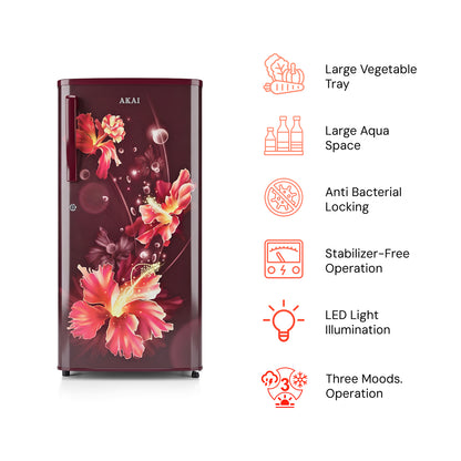 Akai 170L, 1 Star, Single Door Direct Cool Refrigerator (One Point Flower Wine) (AKDD1701-PPFW)