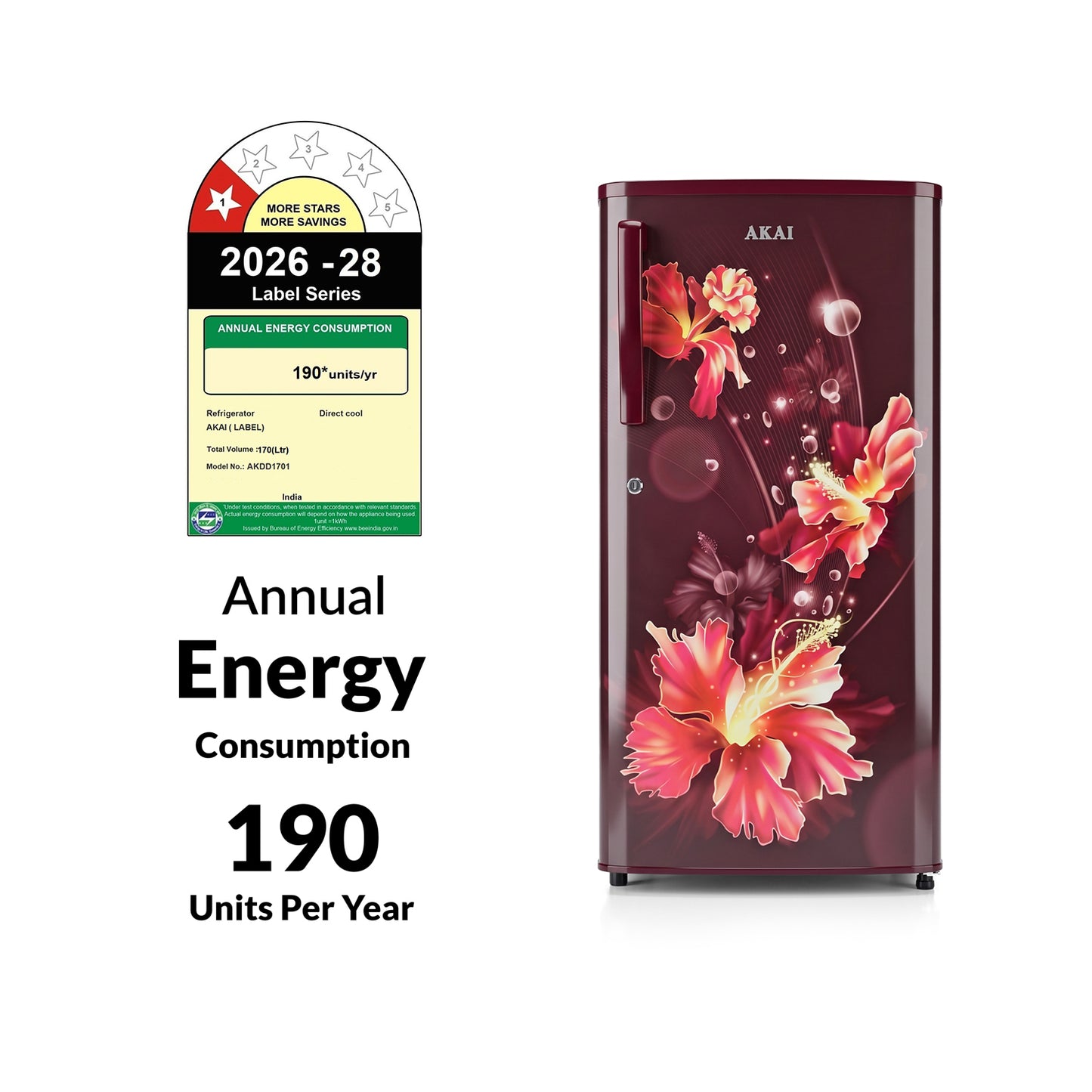 Akai 170L, 1 Star, Single Door Direct Cool Refrigerator (One Point Flower Wine) (AKDD1701-PPFW)