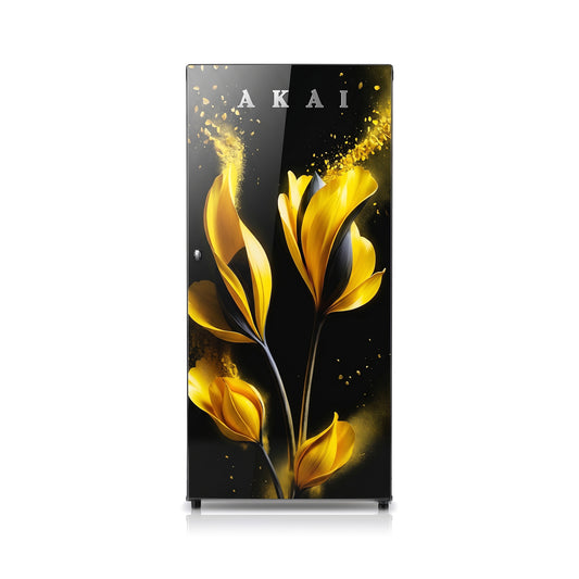 Akai 190L, 1 Star, Single Door Direct Cool Refrigerator (Glass Model Golden Flower) (AKDD2102-GGFB)
