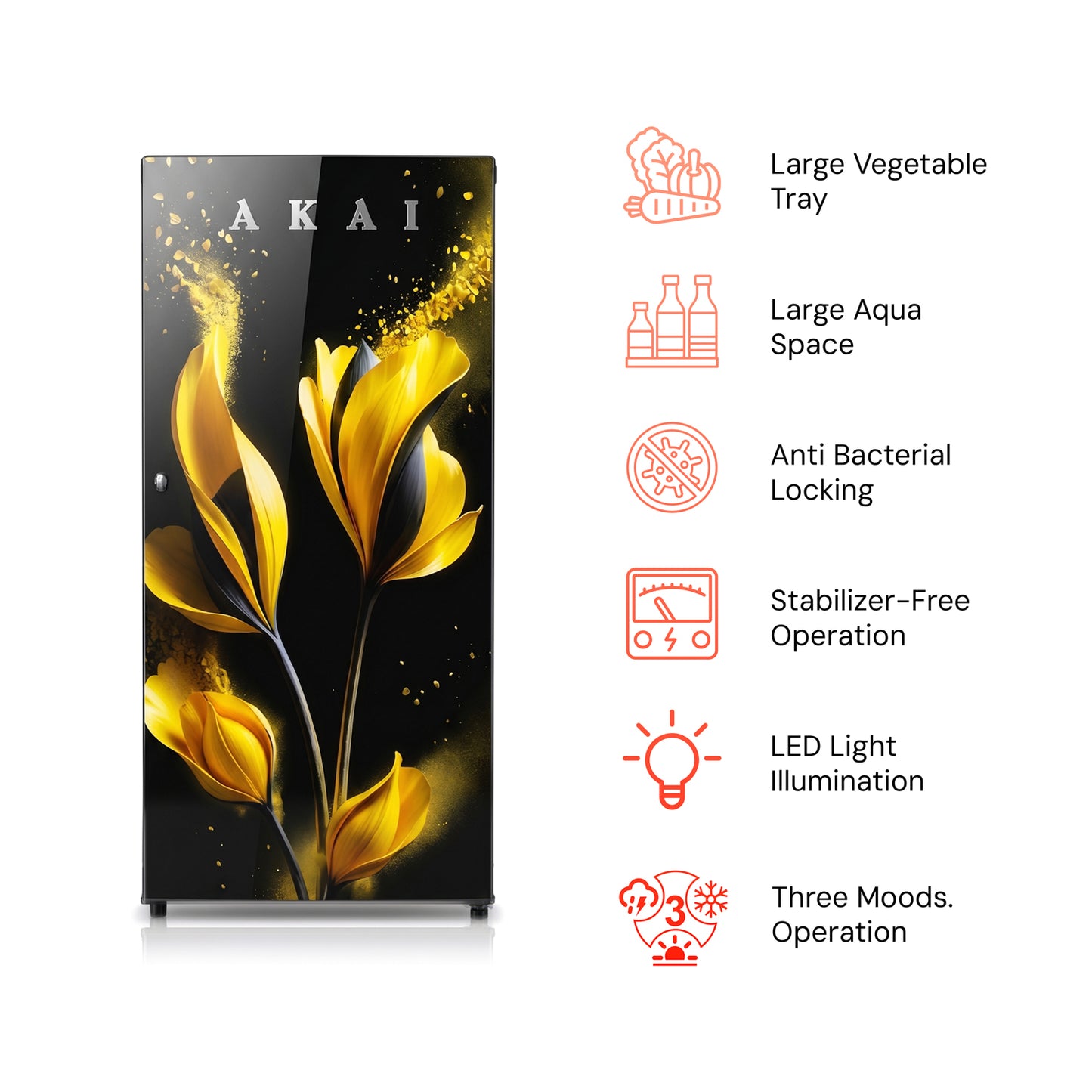 Akai 190L, 1 Star, Single Door Direct Cool Refrigerator (Glass Model Golden Flower) (AKDD2102-GGFB)