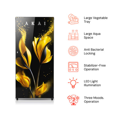 Akai 190L, 1 Star, Single Door Direct Cool Refrigerator (Glass Model Golden Flower) (AKDD2102-GGFB)