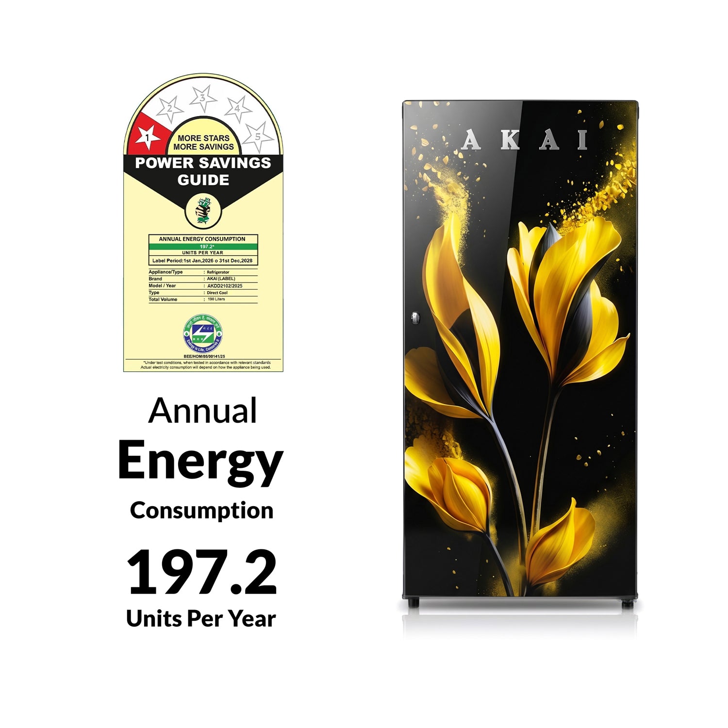 Akai 190L, 1 Star, Single Door Direct Cool Refrigerator (Glass