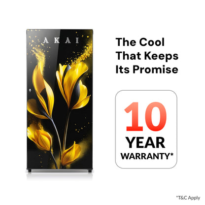 Akai 190L, 1 Star, Single Door Direct Cool Refrigerator (Glass Model Golden Flower) (AKDD2102-GGFB)