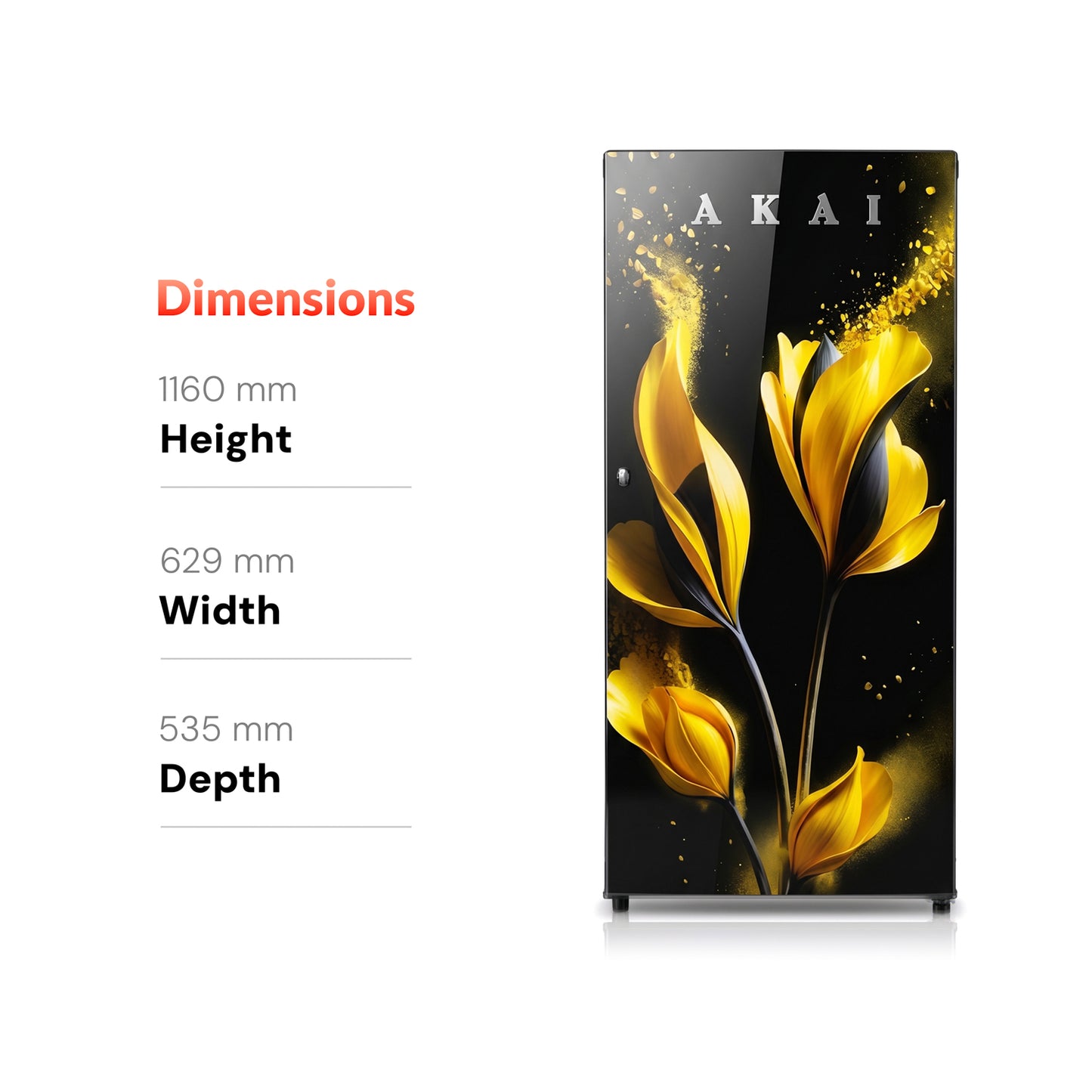 Akai 190L, 1 Star, Single Door Direct Cool Refrigerator (Glass Model Golden Flower) (AKDD2102-GGFB)