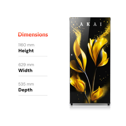 Akai 190L, 1 Star, Single Door Direct Cool Refrigerator (Glass Model Golden Flower) (AKDD2102-GGFB)