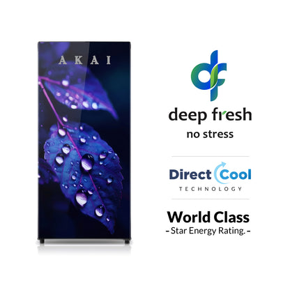 Akai 190L, 1 Star, Single Door Direct Cool Refrigerator (Glass Model Voilet Leaf) (AKDD2102-GVLB)