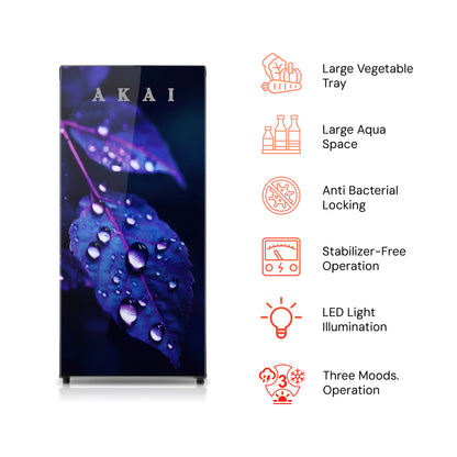 Akai 190L, 1 Star, Single Door Direct Cool Refrigerator (Glass Model Voilet Leaf) (AKDD2102-GVLB)