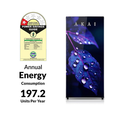 Akai 190L, 1 Star, Single Door Direct Cool Refrigerator (Glass Model Voilet Leaf) (AKDD2102-GVLB)