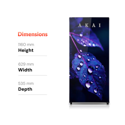 Akai 190L, 1 Star, Single Door Direct Cool Refrigerator (Glass Model Voilet Leaf) (AKDD2102-GVLB)