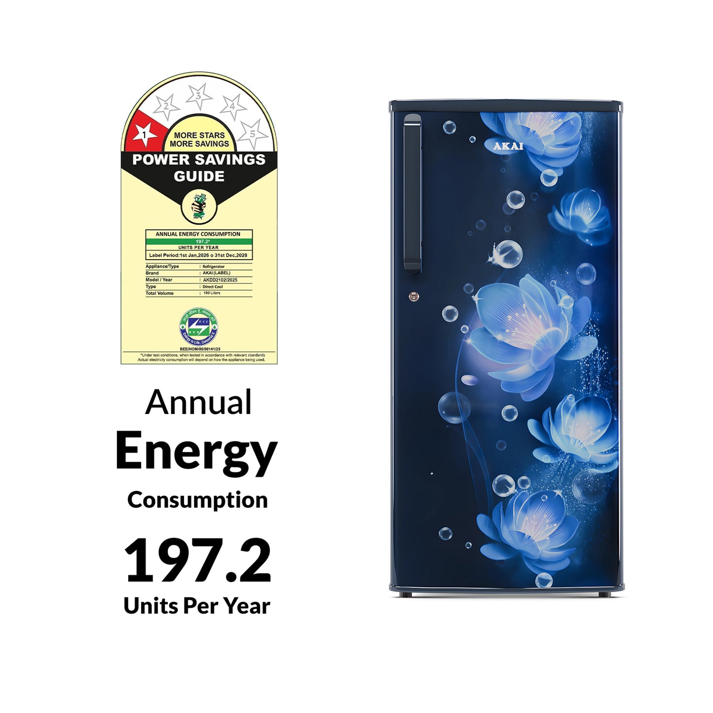 Akai 190L, 1 Star, Single Door Direct Cool Refrigerator (Continious Flower Blue) (AKDD2102-PCFB)