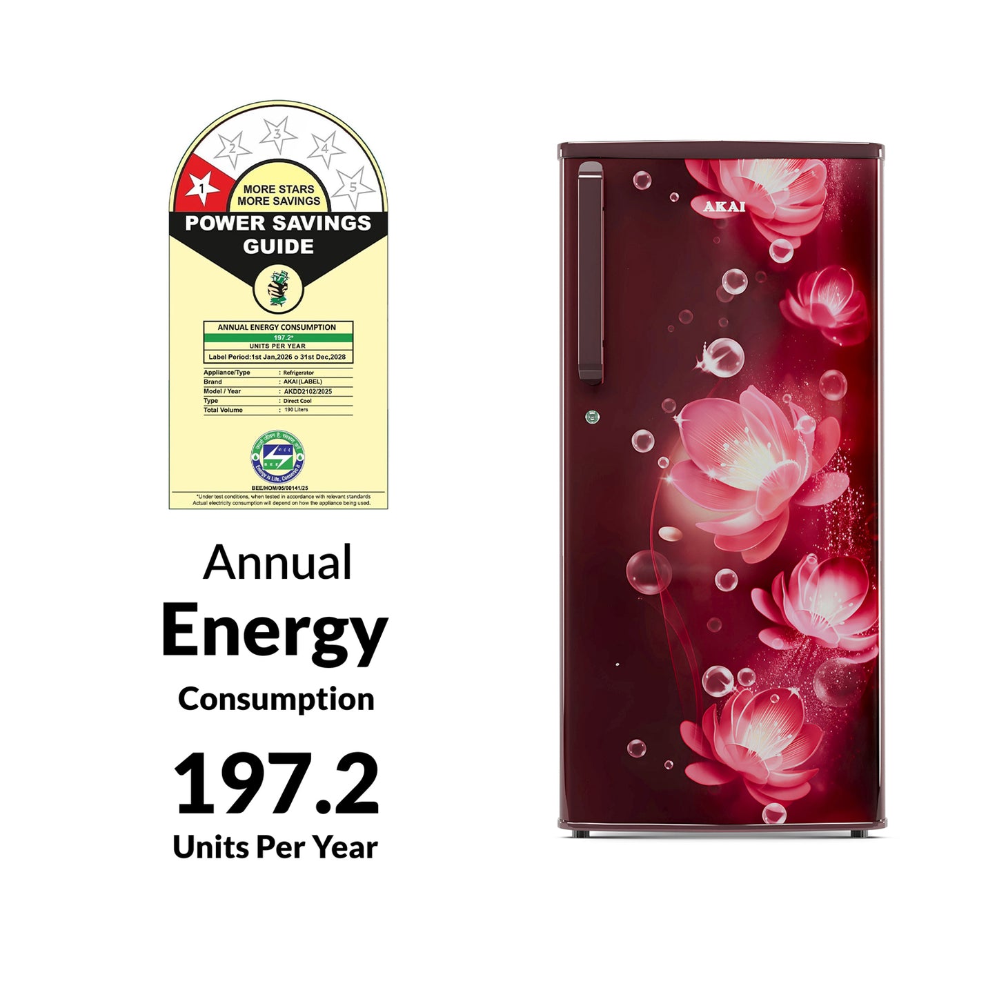 Akai 190L, 1 Star, Single Door Direct Cool Refrigerator (Continious Flower Wine) (AKDD2102-PCFW)